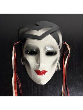 Vintage 80s About Face Clay Art Black White Red Ceramic Mask Wall Hanging READ
